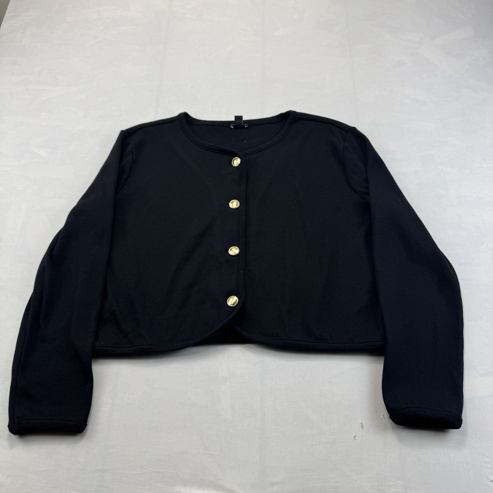 Ann Taylor L Black Cropped Cardigan Jacket Gold Buttons Long Sleeve Preppy